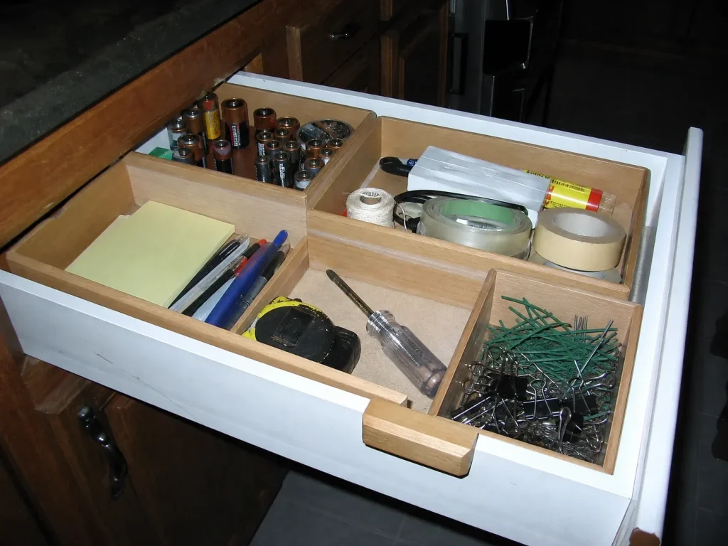 Kitchen junk drawer bounded into compartments for batteries, tape, pens, and tools