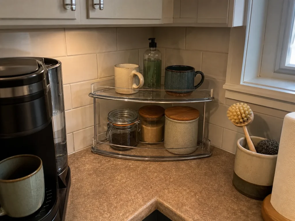 Clear two-tier corner shelf reclaiming the dead triangle where two counters meet