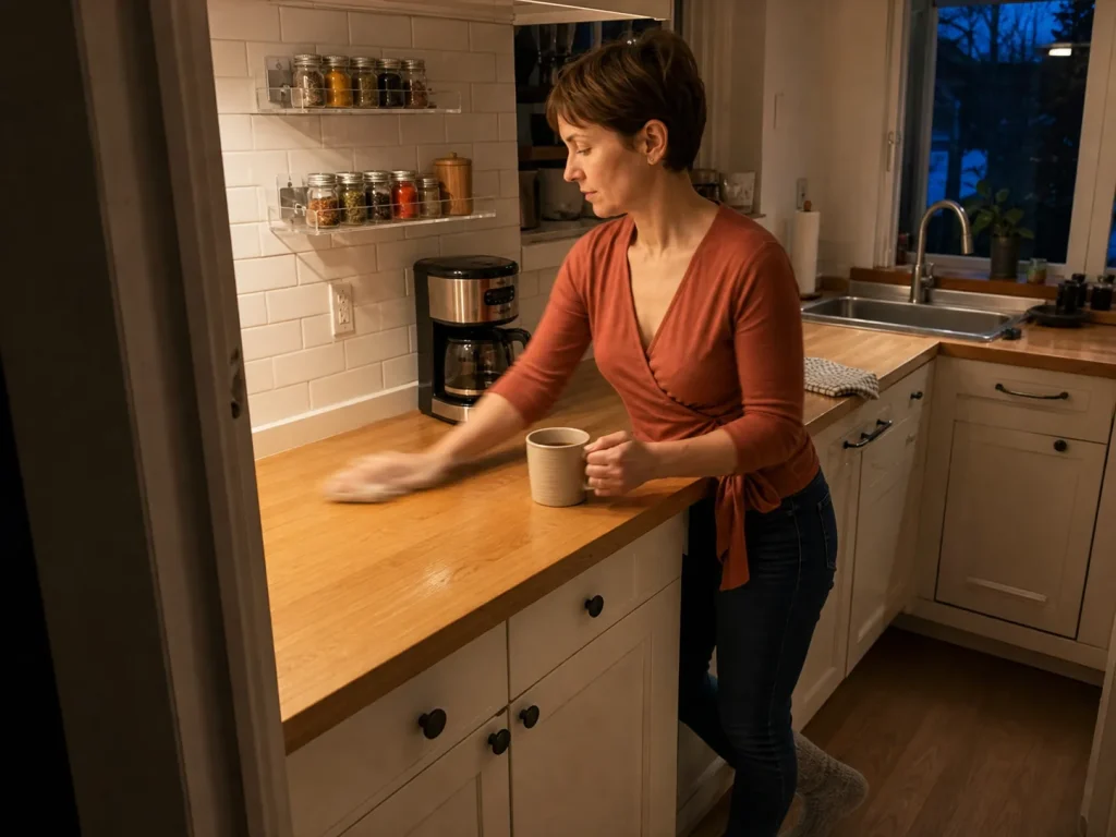 Woman doing a quick nightly reset of a small kitchen counter with no-drill acrylic wall shelves above