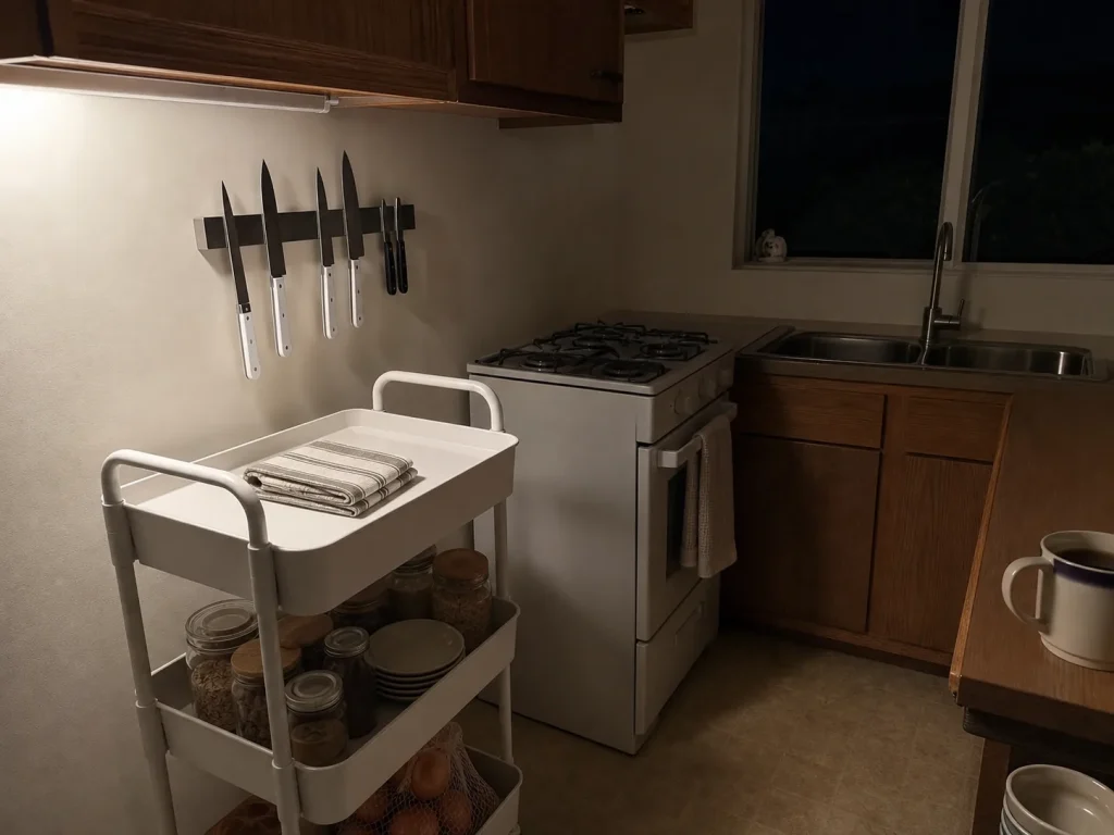 A wiped-clean rolling cart top reset to empty at the end of the day in a small kitchen