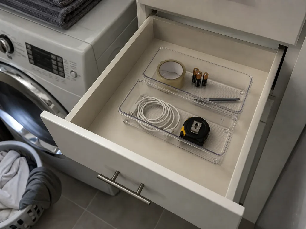 Small upstairs laundry room utility drawer with two interlocking organizers holding one set of categories