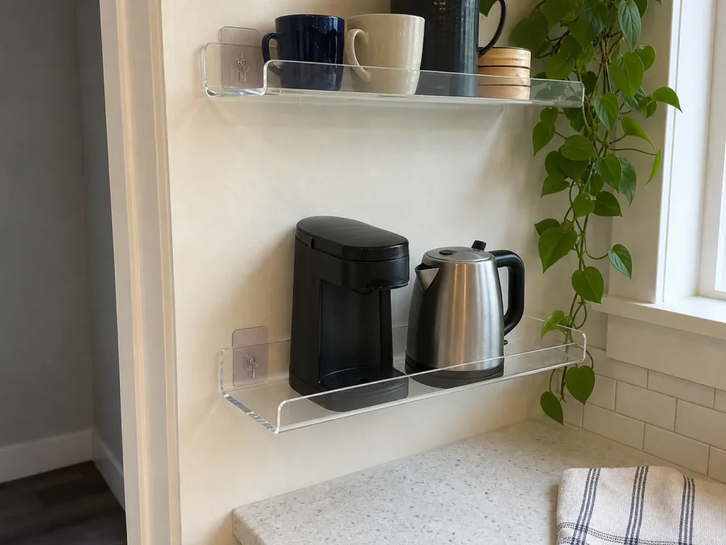 No-drill acrylic wall shelf holding a single-serve coffee maker and small kettle in a small kitchen