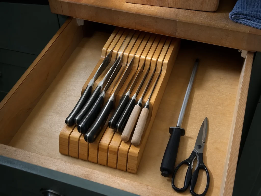 Best Kitchen Drawer Organizers That Hold Their Size 13 Bambusi bamboo in-drawer knife block holding kitchen knives in fixed slots inside a drawer