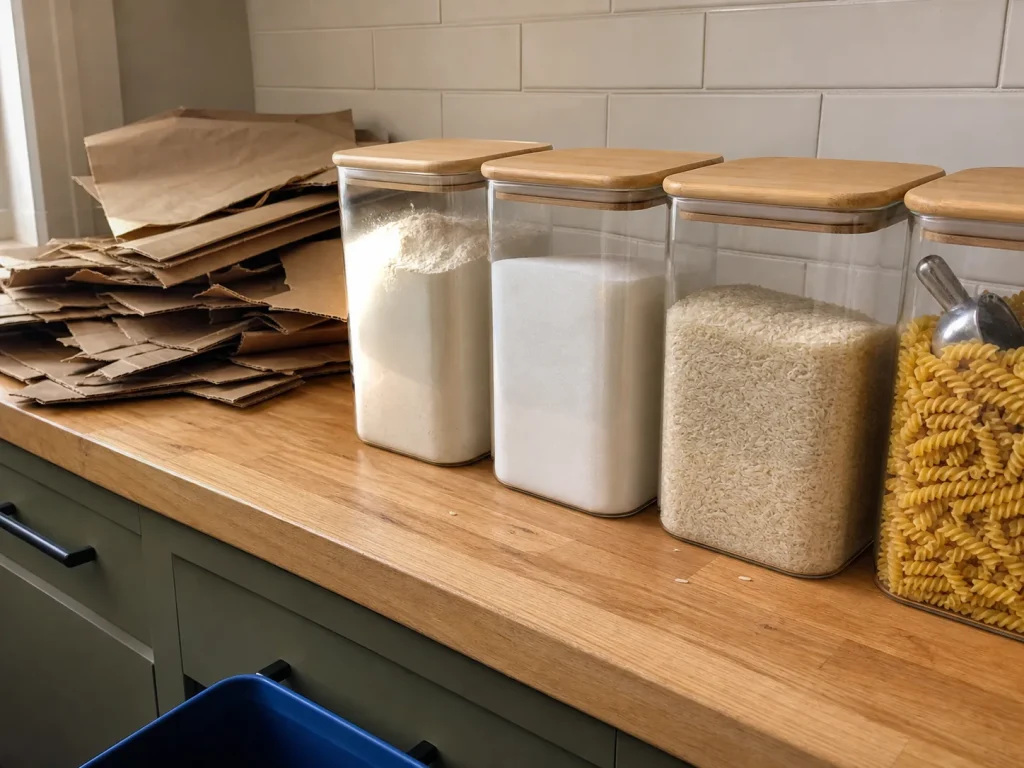 Row of glass canisters with bamboo lids on a counter beside the empty cardboard boxes they replaced