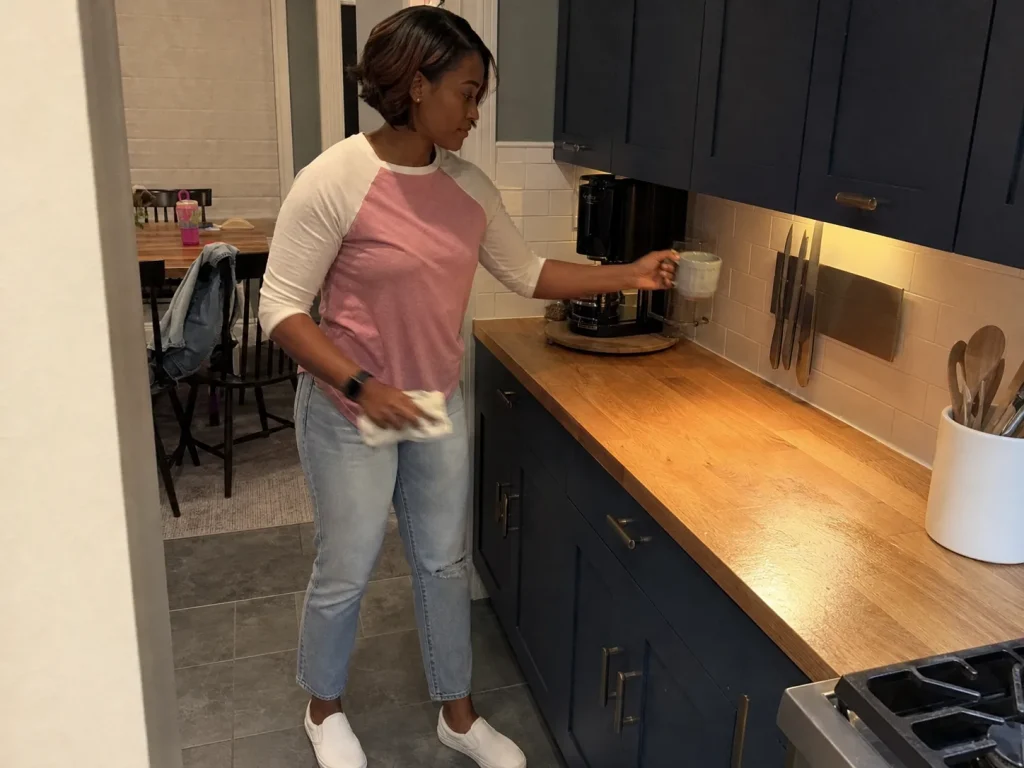 How to Organize Kitchen Counters That Stay Clear 11 Woman doing a two-minute nightly reset, returning items to their zones to keep the counter clear