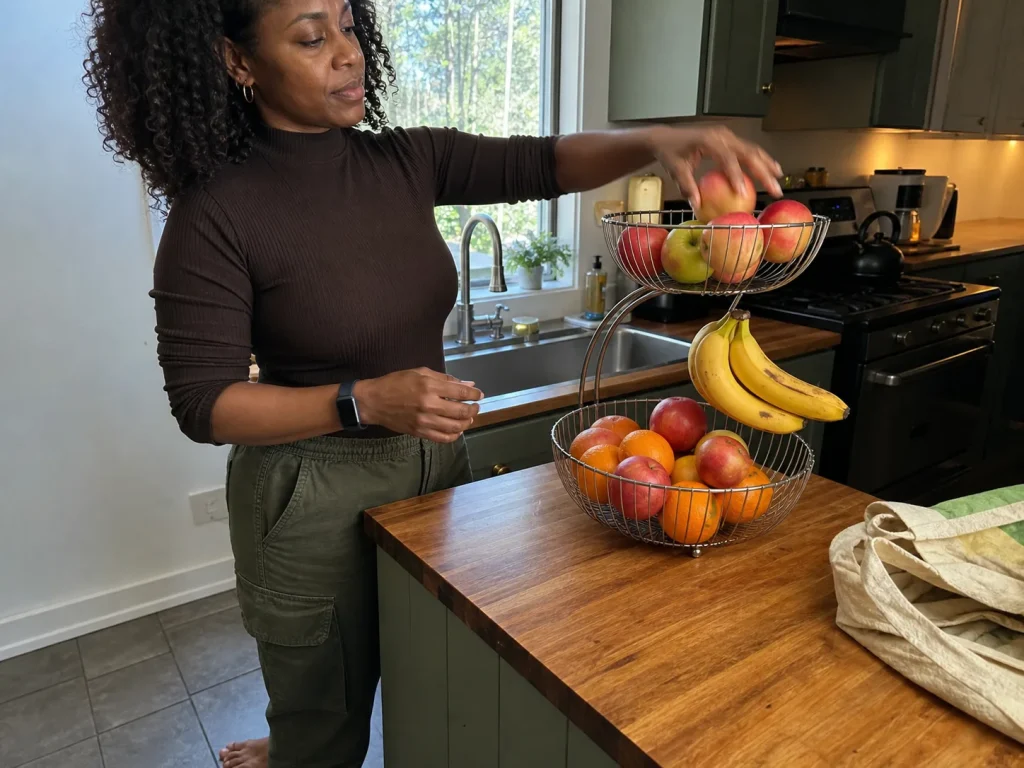 Woman loading apples into a double-layer wire fruit basket to free up counter space