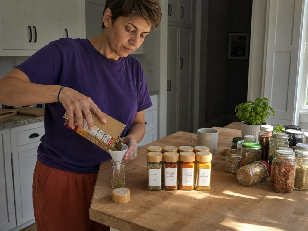 Spice Drawer Organization That Stops Jars From Rolling 10 Woman filling square glass spice jars with bamboo lids at a kitchen counter beside the old round jars