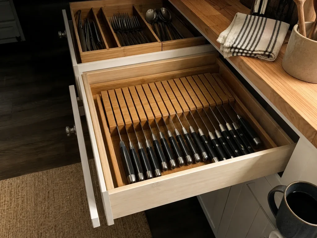 Kitchen drawer organized with repurposed glass jars and cut-down boxes instead of store organizers