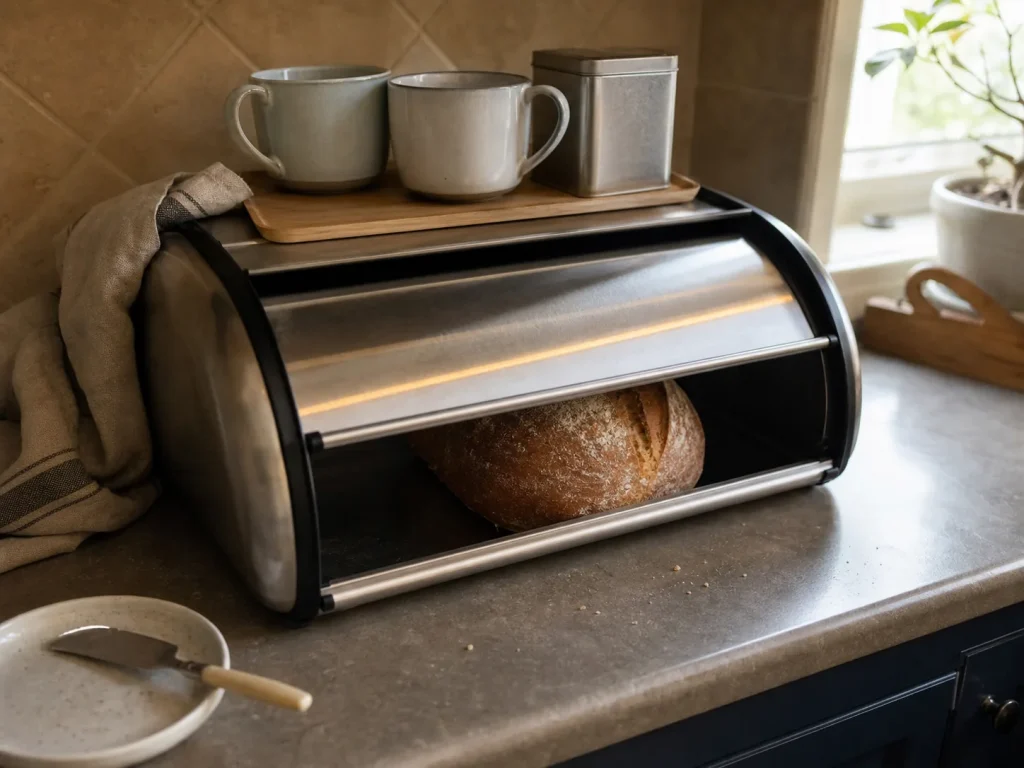Stainless steel roll-top bread box on a counter with a small tray of mugs on its lid