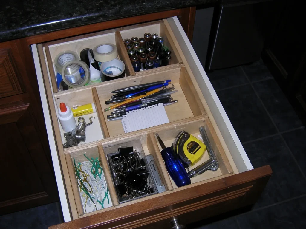 Neatly zoned kitchen utensil drawer staying organized weeks after setup during a weekly reset