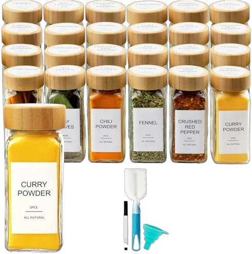 AISIPRIN Glass Spice Jars 24 pcs 4 oz Bamboo Lids