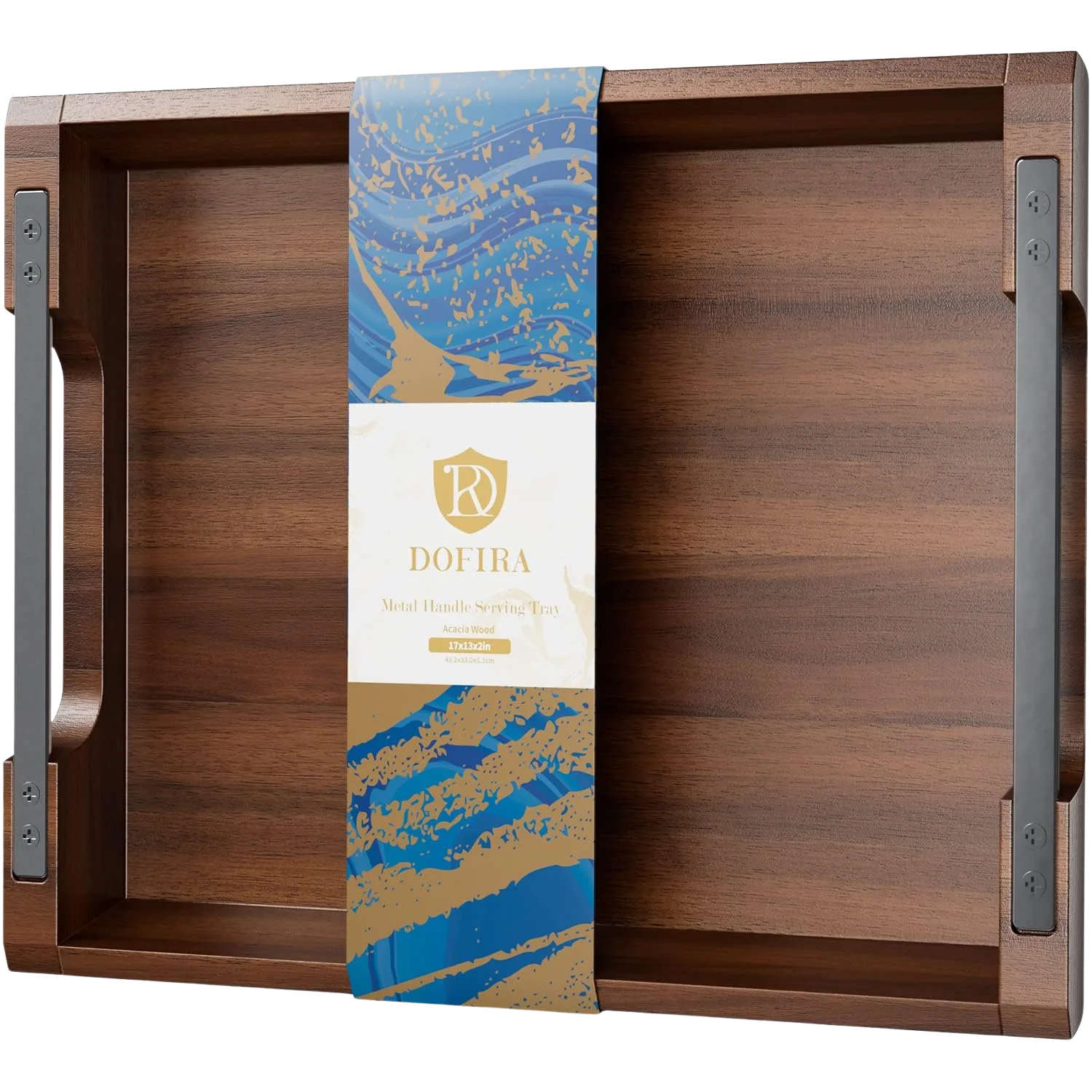 Dofira Acacia Wood Serving Tray with Metal Handles, 17x13 inch