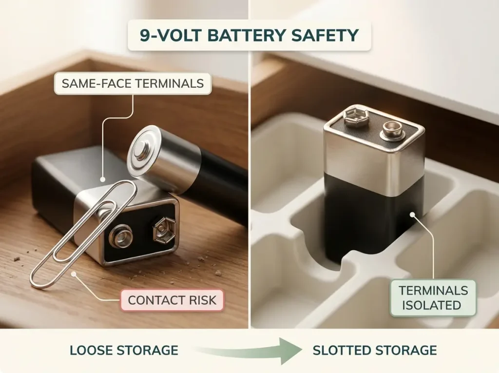 Close-up showing 9-volt battery adjacent terminals as fire risk, with labeled loose vs isolated storage comparison