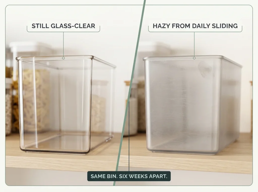  Editorial close-up comparing a clear acrylic bin to a hazy, micro-scratched bin from daily pantry sliding