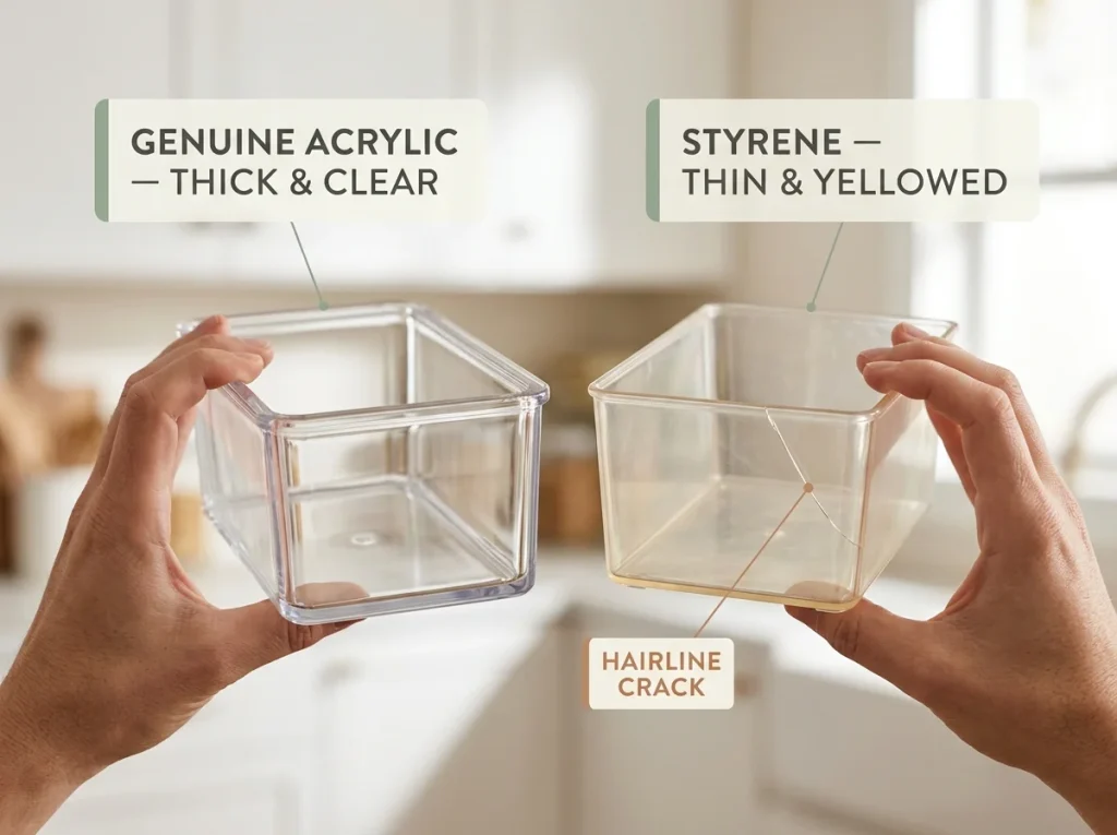 Hands-held close-up comparing thick genuine acrylic to thin yellowed styrene with a cracked corner