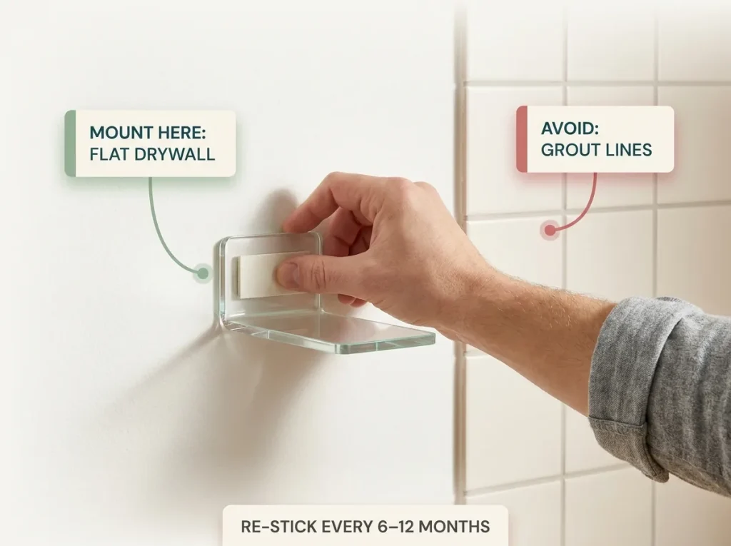 Close-up showing correct adhesive shelf placement on flat drywall versus failure-prone tile grout lines