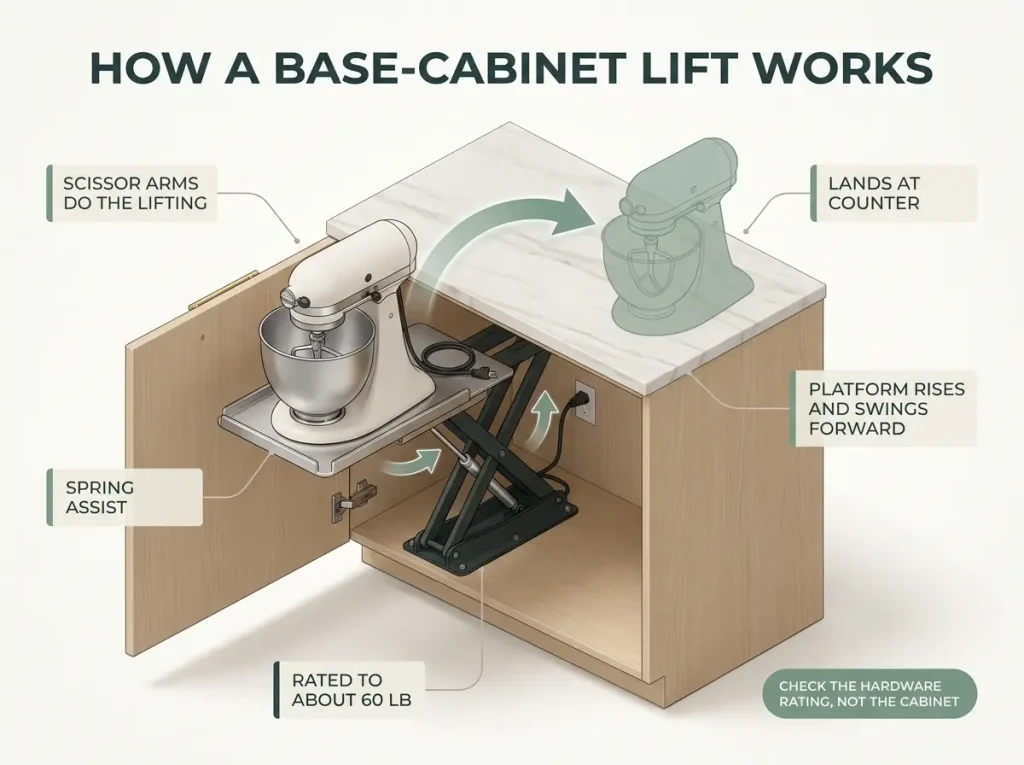 Cutaway diagram of a base cabinet appliance lift raising a stand mixer up and forward to counter height with labeled travel path