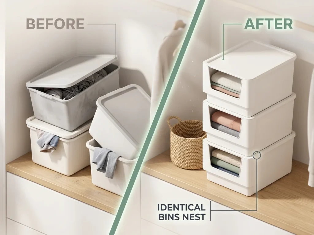 Best Stackable Storage Bins That Actually Stack 5 Before and after showing a mismatched sliding bin stack versus a clean nested stack of identical open-front bins
