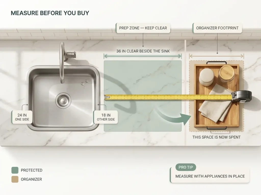 Overhead diagram showing the clear prep strip beside a kitchen sink measured with a tape measure and an organizer footprint placed outside it