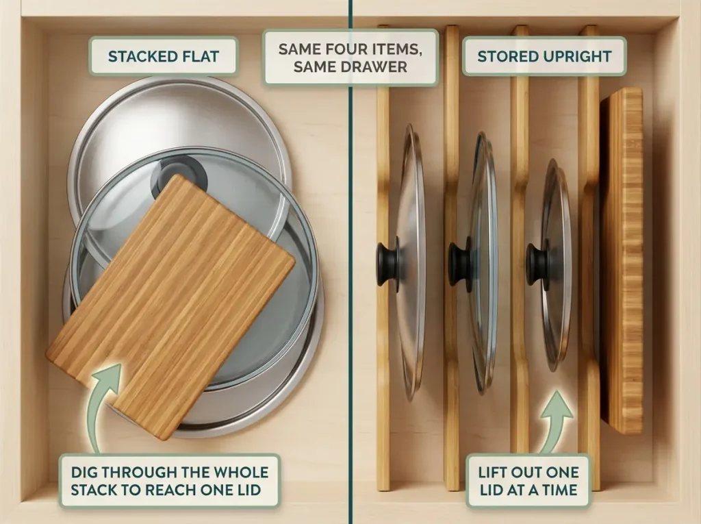 Best Kitchen Drawer Organizers That Hold Their Size 11 Overhead split view comparing pot lids stacked flat versus stored upright in a deep drawer divider