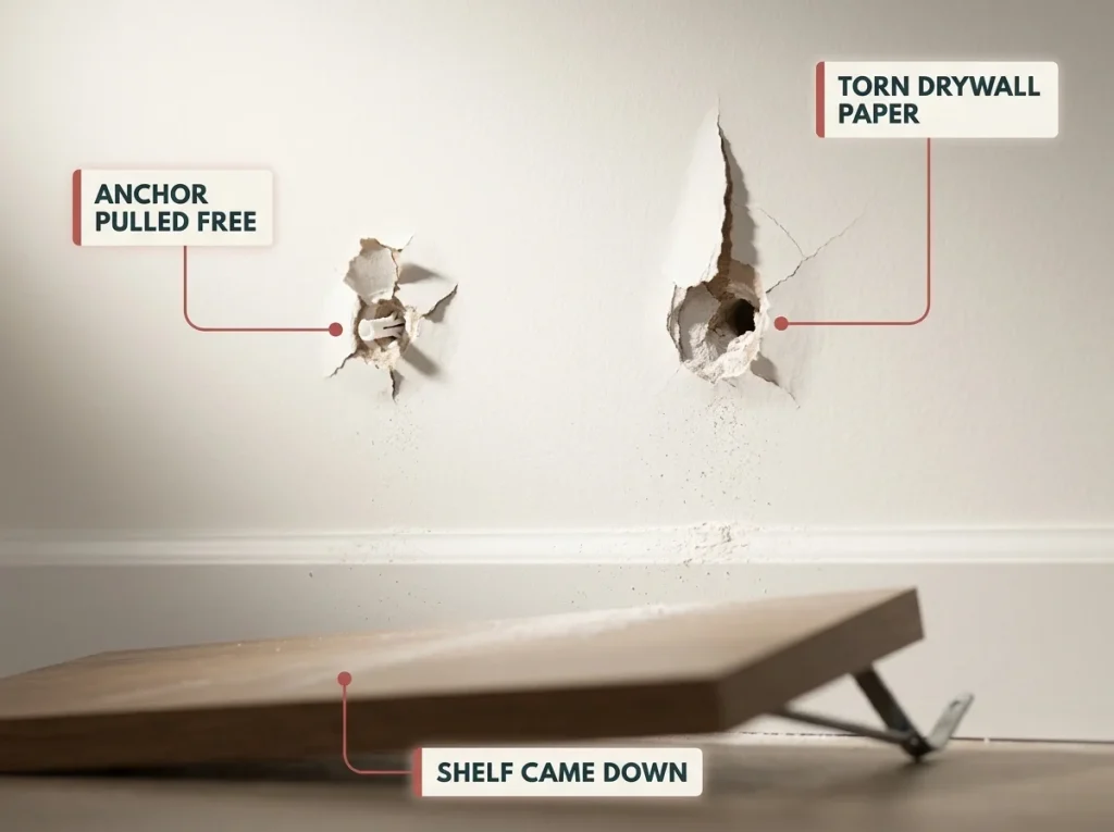 Close-up photo of two anchor craters torn in painted drywall beside a fallen floating shelf, labeled as wall damage