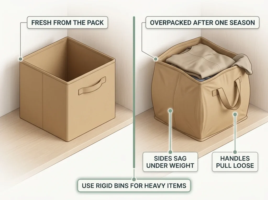 Before/after showing a crisp fabric storage cube next to the same cube overpacked and slumped into a sagging shape after a season