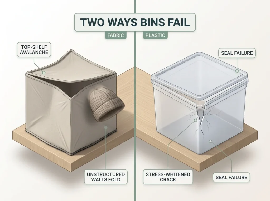 Infographic comparing fabric bin sagging collapse versus plastic bin cracked corner failure with labeled callouts