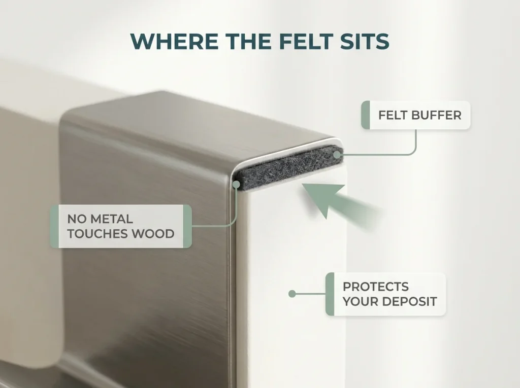 Close-up infographic showing a felt-lined over-door hook's contact point with labeled felt buffer protecting the door edge