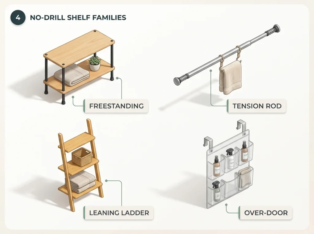 Flat-lay comparison of four no-drill shelf types: freestanding, tension rod, leaning ladder, over-door organizer
