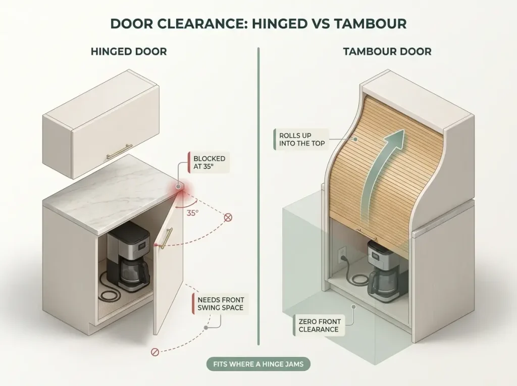 Side-by-side diagram showing a hinged cabinet door blocked by an upper cabinet versus a tambour door rolling up with zero clearance