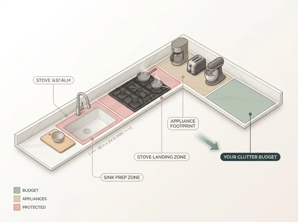 How to Organize Kitchen Counters That Stay Clear 3 Overhead diagram of a kitchen counter showing sink prep zone, stove landing zone, appliance footprint, and leftover clutter budget