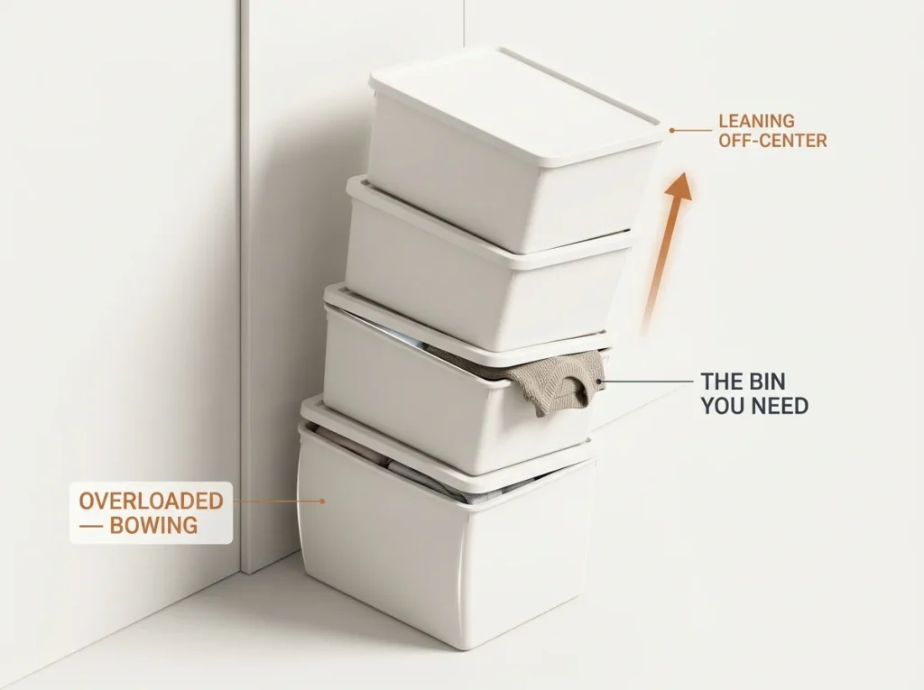 Best Stackable Storage Bins That Actually Stack 12 Documentary photo of a leaning overstuffed bin stack with a bowed bottom bin trapping the bin you need
