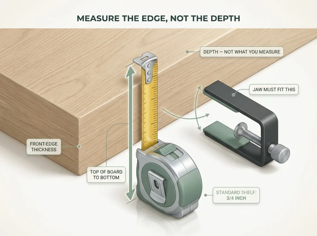 Close-up showing a tape measure on a shelf front-edge thickness beside an open divider clamp jaw with labeled measurement guidance
