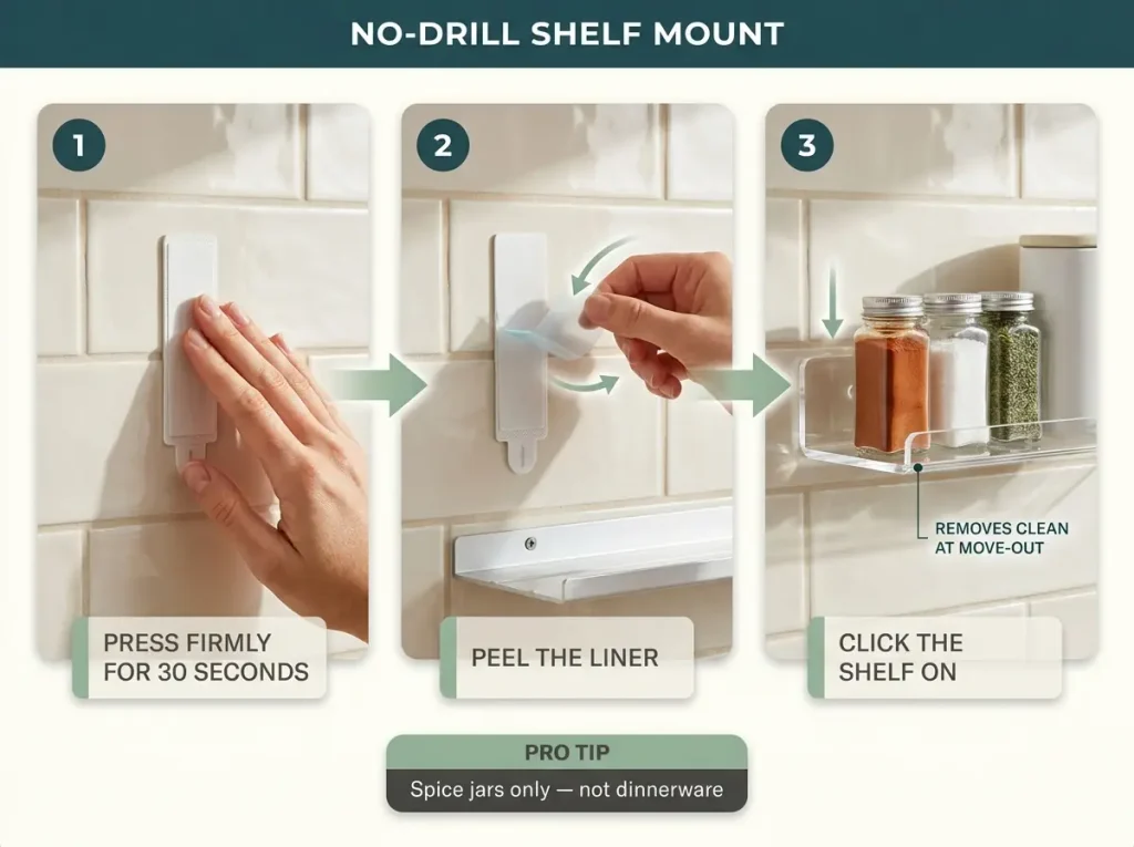 Three-step close-up sequence showing adhesive strip pressed onto tile backsplash then acrylic shelf clicking on, with numbered labels