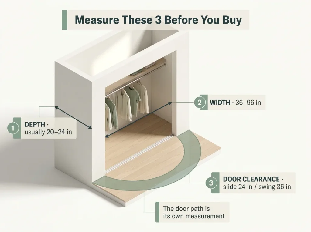 Overhead diagram showing reach-in closet measurements: depth, width, and door clearance arc with labeled zones