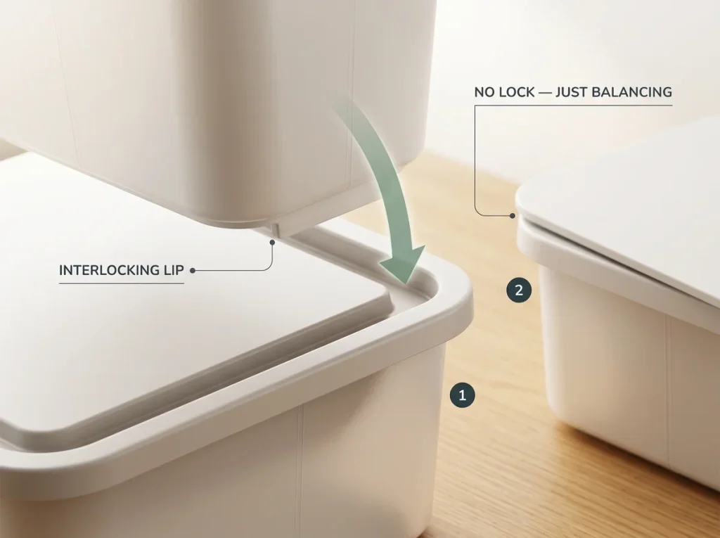 Best Stackable Storage Bins That Actually Stack 2 Close-up showing stackable bin ridge-and-groove interlock locking mechanism versus a loose flat lid