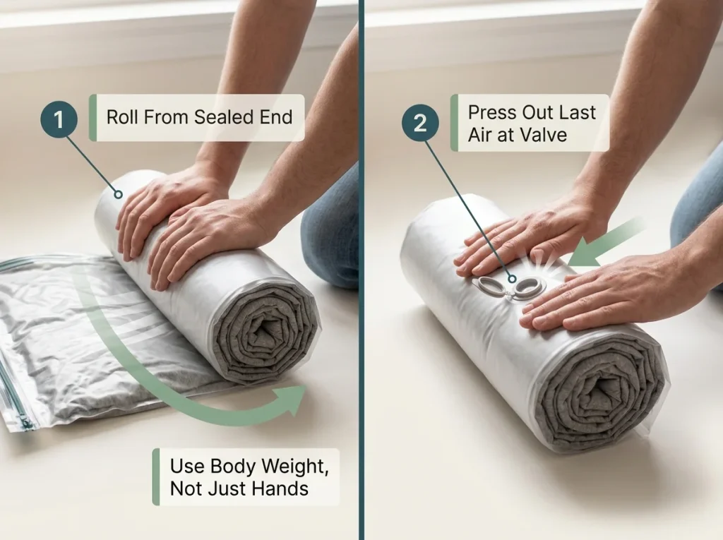 Two-frame sequence showing the roll-and-kneel method to seal a vacuum storage bag by hand with no pump needed