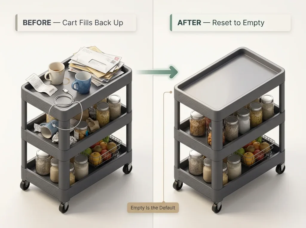 Before/after split of a kitchen rolling cart top cluttered with mail vs. wiped empty, showing the nightly reset habit