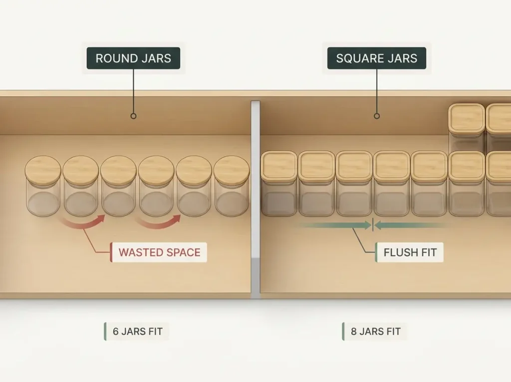 Spice Drawer Organization That Stops Jars From Rolling 11 Overhead comparison showing round spice jars wasting drawer space versus square jars fitting flush with more jars per row
