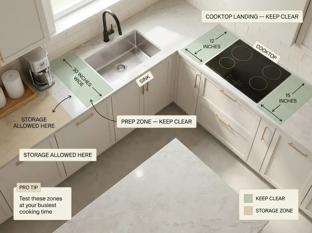 Overhead zone map of a small L-shaped kitchen counter showing shaded keep-clear prep and cooktop landing strips with labels