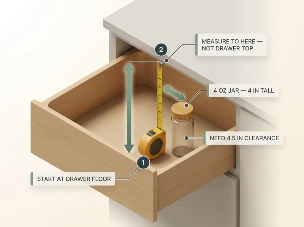 Spice Drawer Organization That Stops Jars From Rolling 3 Diagram showing how to measure spice drawer vertical clearance with a tape measure and jar for scale, labeled stop point