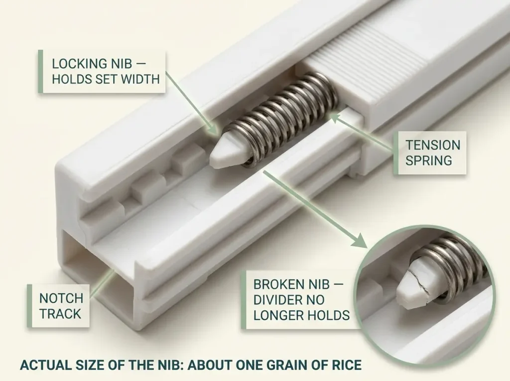 Best Kitchen Drawer Organizers That Hold Their Size 2 Close-up showing a drawer divider's tiny locking nib and tension spring that breaks and causes creep