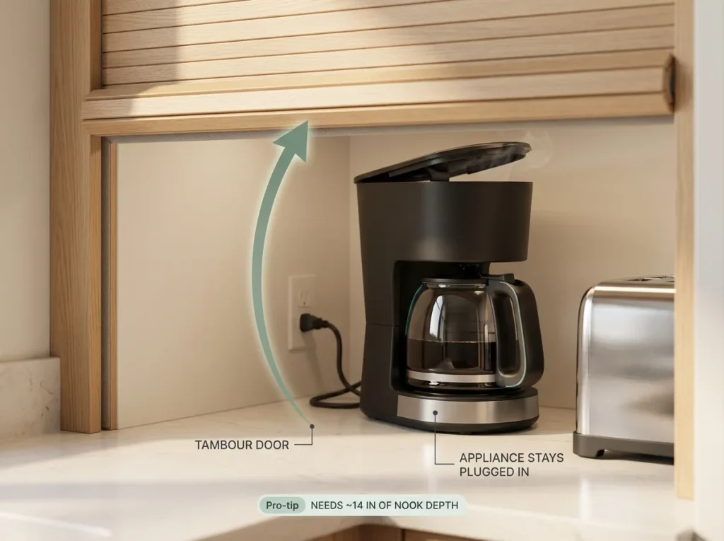 How to Organize Kitchen Counters That Stay Clear 10 Close-up of a wood-slat tambour door half-open over a counter nook revealing a hidden coffee maker appliance garage