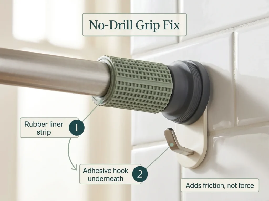 Close-up showing tension rod no-drill grip fix with rubber liner strip and adhesive hook layered on glossy tile