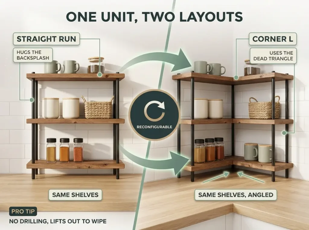 Split-frame diagram showing one reconfigurable 3-tier countertop shelf stacked straight along a backsplash and angled into an L in a corner