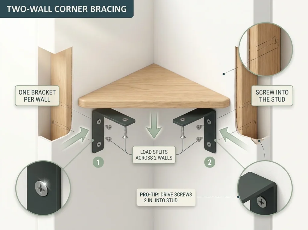 Diagram showing two-wall corner shelf bracing with one L-bracket per intersecting wall and stud-depth labels