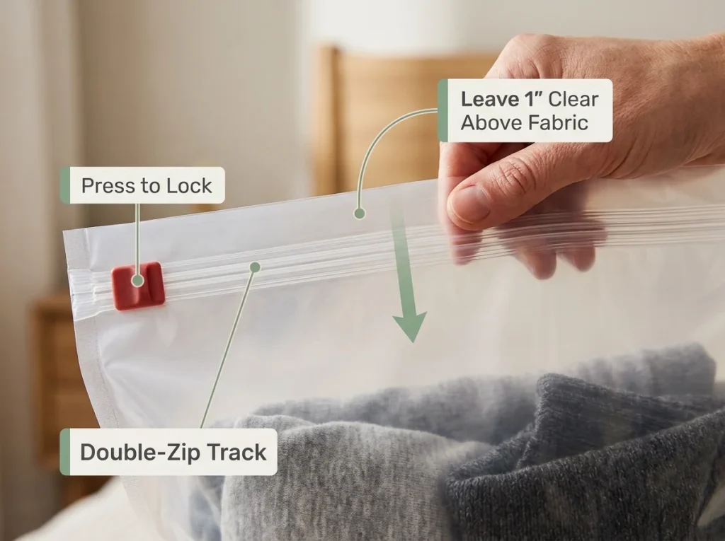 Close-up showing the one-inch clear gap needed above folded fabric for a vacuum bag double-zip seal to lock properly