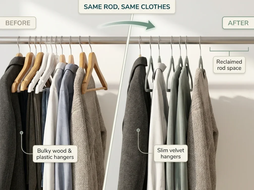 Before and after infographic showing bulky hangers vs slim velvet hangers on the same closet rod, with reclaimed rod space labeled