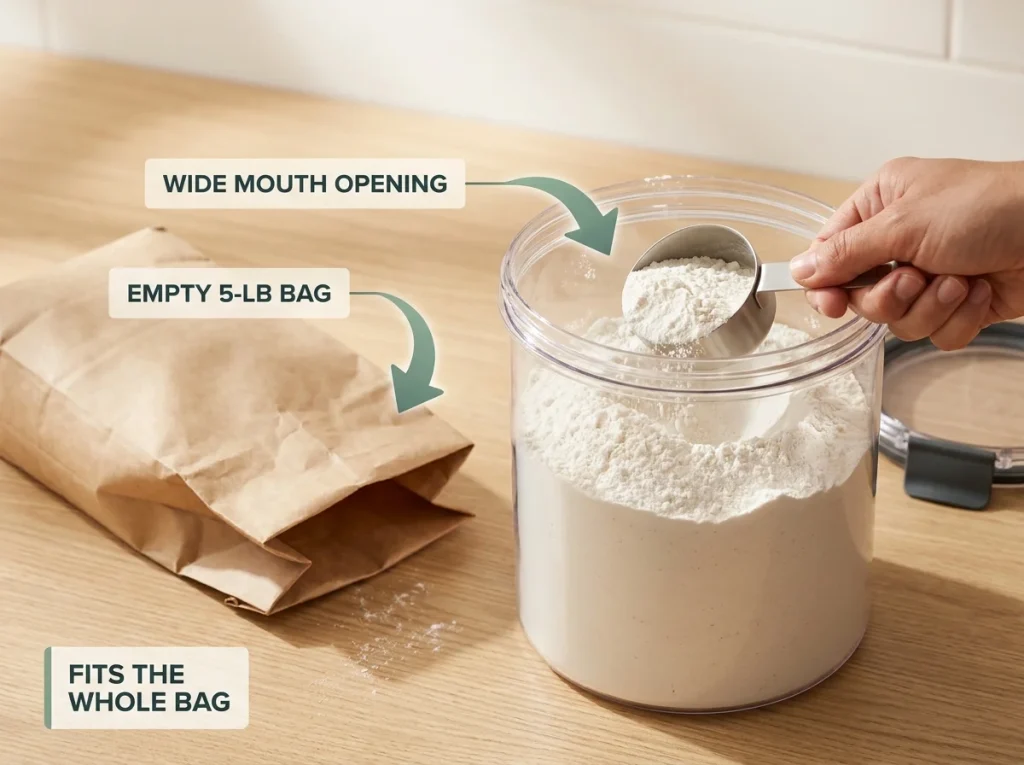 Editorial photo showing a hand scooping flour from a wide-mouth canister beside an empty five-pound flour bag on a counter