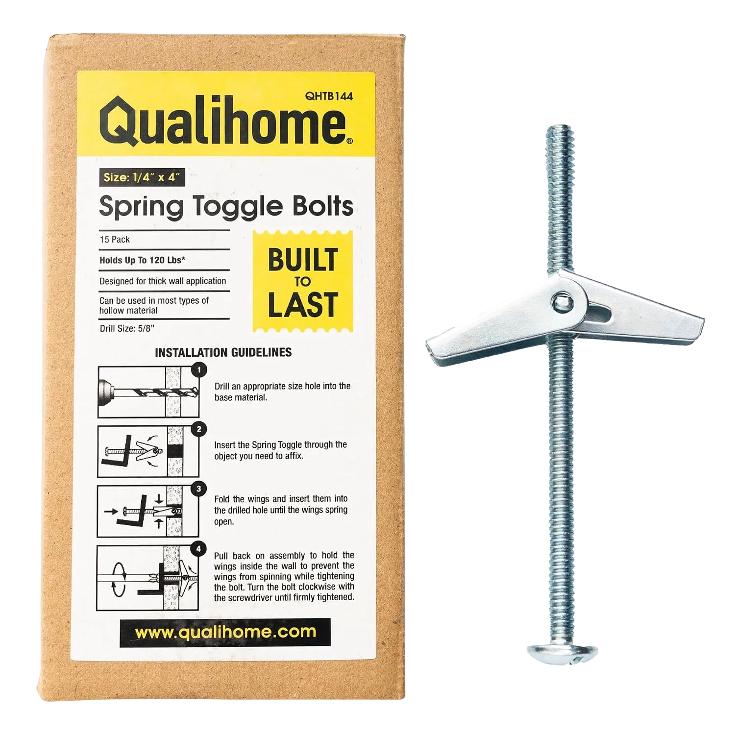 QUALIHOME Spring Toggle Bolt Anchors 1/4 x 4 inch 15-Pack